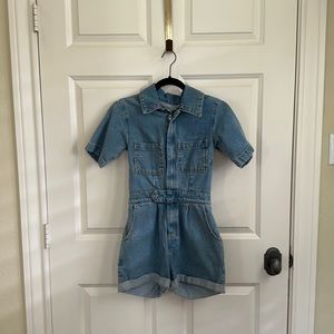 blue denim romper jumpsuit, size x small.